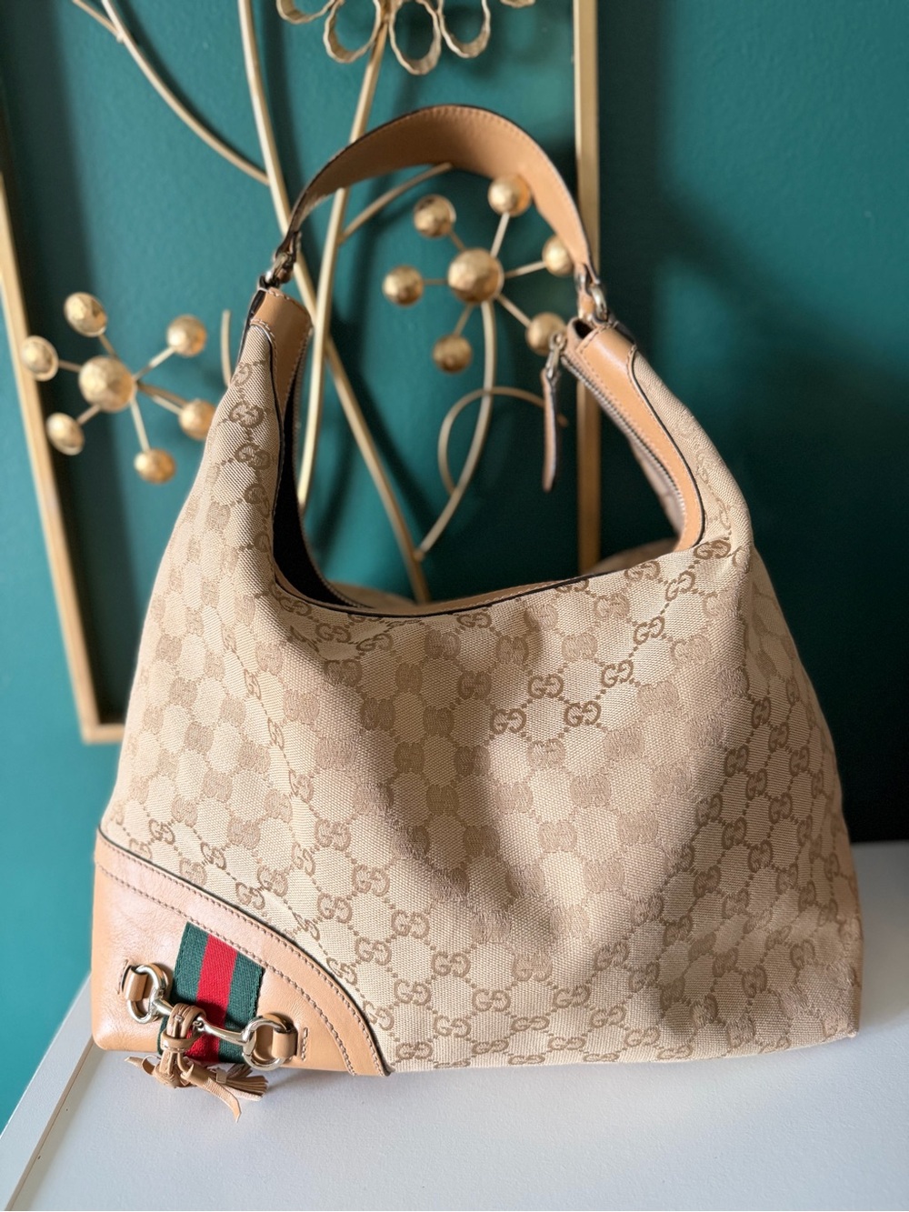 Gucci Beige Monogram Hobo Bag with Horsebit  tassel